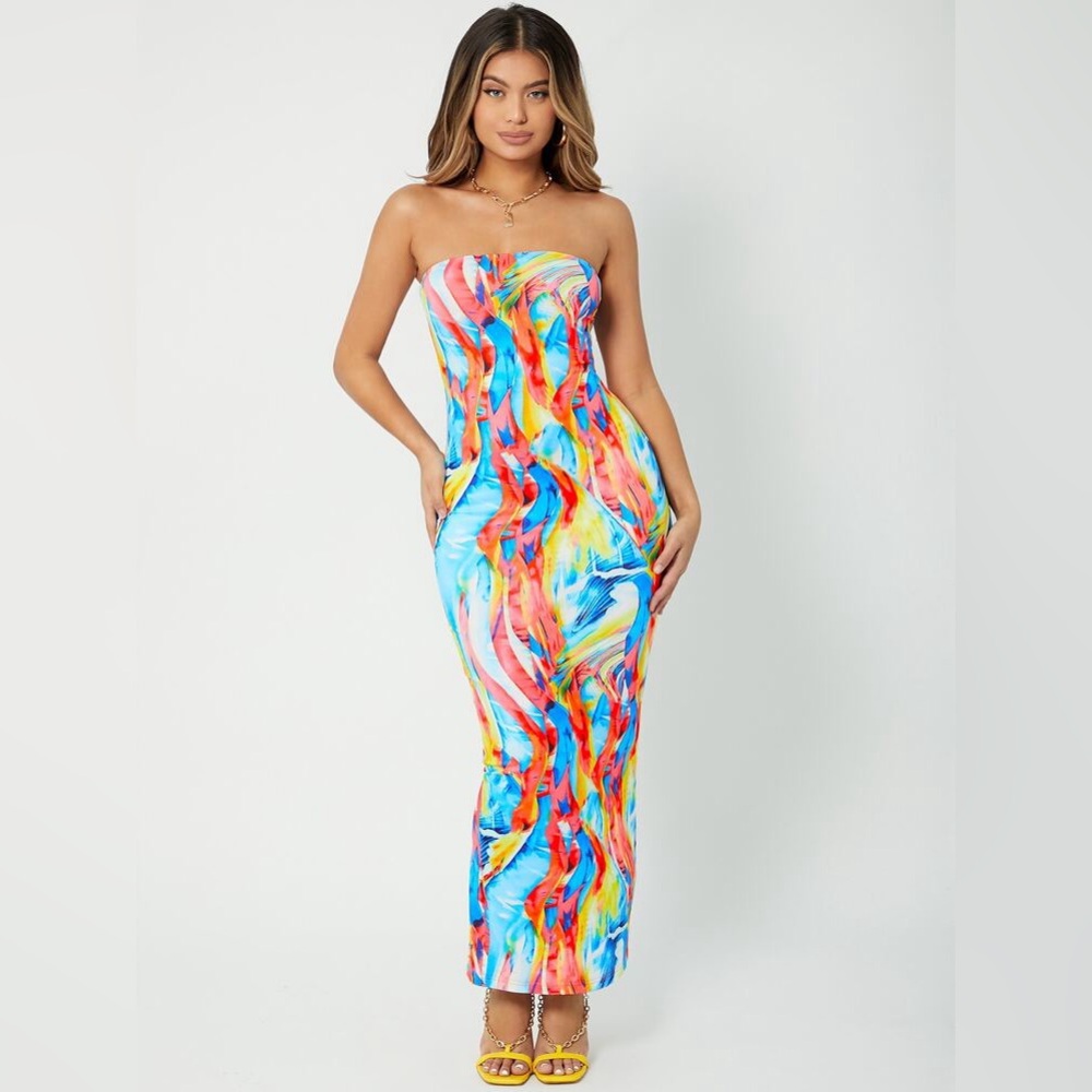 NWT. Colorful Bodycon Dress Strapless Sexy Maxi Long. Size S.